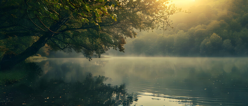 Beautiful autumn landscape with lake and trees in foggy morning.