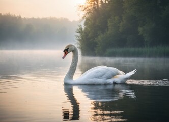 A white swan on a lake at foggy morning