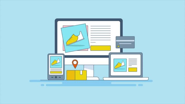 Ecommerce product displays to online customers via digital devices, targeting internet audience with re-marketing technology. Increase ecommerce sales purchase conceptual video animation.