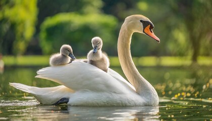 swan carries her cygnets on her back - 746938202
