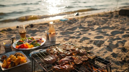 A barbecue grill on the beach at sunset, with meat, vegetables, and refreshing drinks, depicting a summer party.