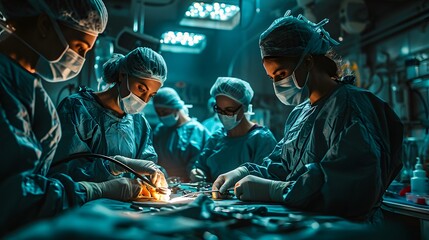 surgeon performing robotic surgery with robotic device. Medical operation involving robot. Operating room, medical surgical robot, cancerous tumor removal surgery. - Powered by Adobe