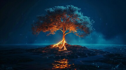 A solitary tree illuminated from within stands on an isolated island, against a backdrop of a starry night sky and calm waters.