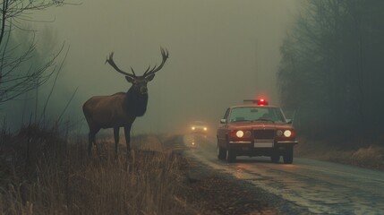 An imposing elk stands in a misty road, confronting an approaching vintage car with its red siren light on. - obrazy, fototapety, plakaty