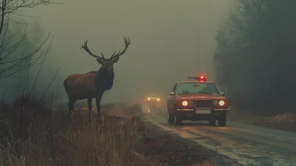 Fototapeten An imposing elk stands in a misty road, confronting an approaching vintage car with its red siren light on. © tashechka