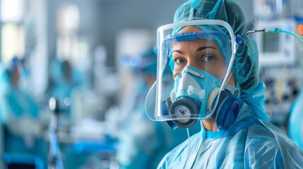 Focused female medical professional wearing advanced protective equipment in a hospital setting.