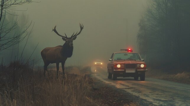 Fototapeta An imposing elk stands in a misty road, confronting an approaching vintage car with its red siren light on.