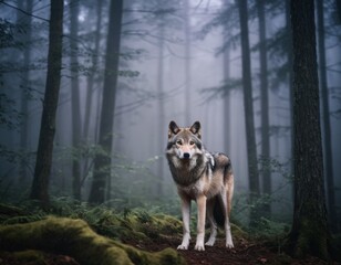 A wolf in the light night forest with mystery fog