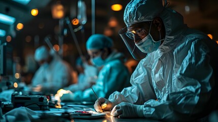 surgeon performing robotic surgery with robotic device. Medical operation involving robot. Operating room, medical surgical robot, cancerous tumor removal surgery. - obrazy, fototapety, plakaty