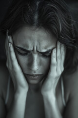 People with headaches show symptoms of depression and stress. Half-body portrait of a person suffering from a headache.