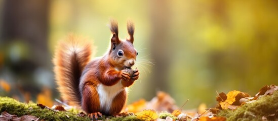 A red squirrel is seen munching on a nut in the woods, with a shallow depth of field creating a blurred background. The scene captures the squirrels natural behavior of foraging for food in its