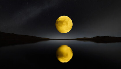 Beautiful and tranquil background of a yellow moon and star reflected on the calm water at night, creating a serene and relaxing atmosphere