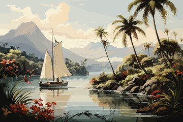 Naklejka premium watercolor painting of panoramic tropical beach. Seascape painting with blue water, sea, calm waves, sand, coconut trees, island, horizons and cloudy blu