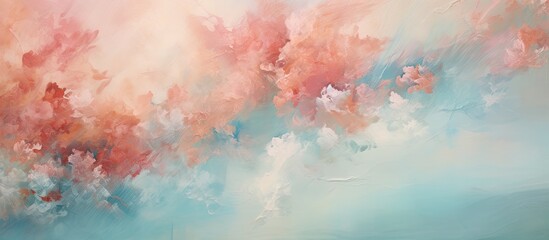 This abstract painting features swirls and splashes of pink and blue colors on a canvas. The acrylic texture adds depth and dimension to the artwork.