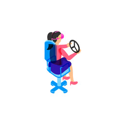 Girl character sitting on chair and holding game controller.