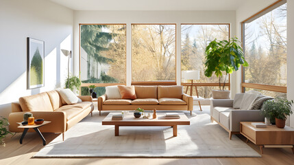 Fototapeta na wymiar Drenched in Sunlight: Contemporary and Comfortable Living Room-Lush Plants and Modern Décor