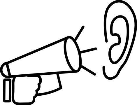 recommend clip art: Black line art hand holding loudspeaker with ear icon.