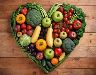 Heart shape by various vegetables and fruits. Healthy food concept
