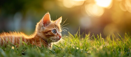 Cute and Playful Kitten Enjoying Nature in the Green Grass Field
