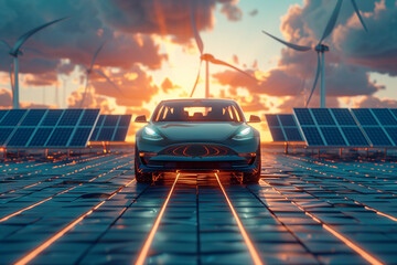 Modern electric vehicle parked on a glowing solar panel roadway with wind turbines against a vibrant sunset - obrazy, fototapety, plakaty