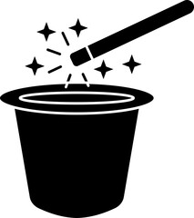 Flat style magician hat with wand icon.