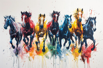 Abstract acrylic painting of horses in a vivid color splash style - obrazy, fototapety, plakaty