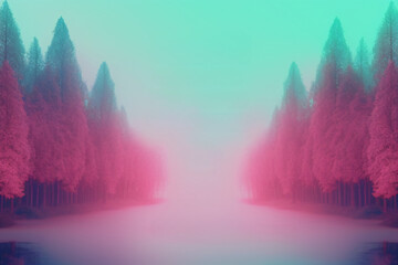 Calm landscape: misty alley with pink trees, against mint sky. Empty space for text. Background for website or banner.