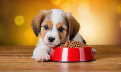 Cute puppy dog is laying next to a bowl of food