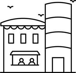 Black line art shopping mall icon.