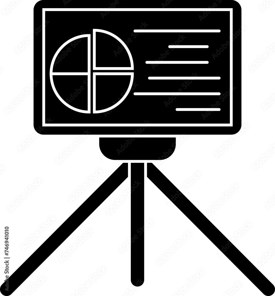Poster illustration of b&w pi chart presenting on board with tripod icon.