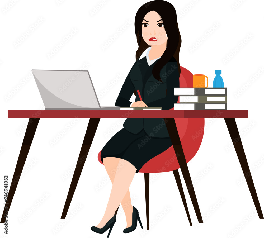 Poster Character of business woman sitting on office desk, working on laptop.