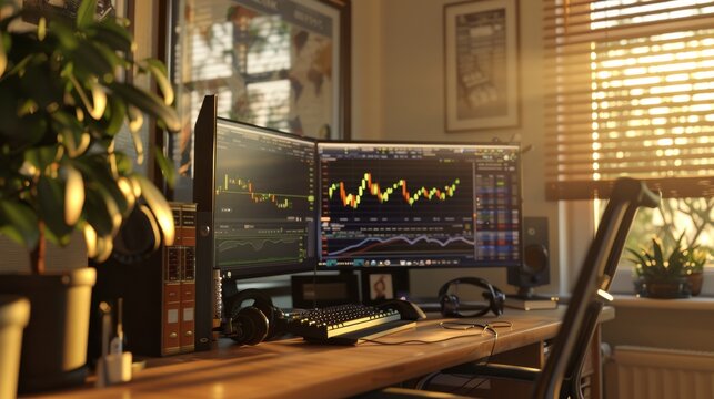 A cozy home office illuminated by sunset, featuring a desk with multiple monitors displaying trading charts.
