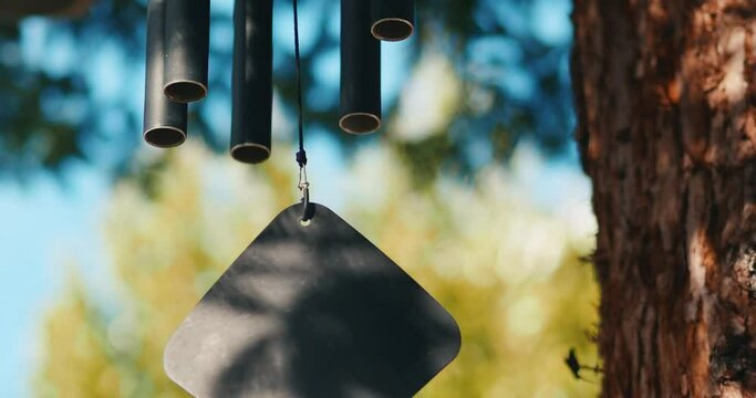 Wind chimes hanging under a tree 