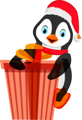 Illustration of cute penguin character holding gift box.