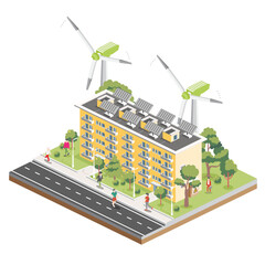 Isometric Residential Five Storey Building with Solar Panels and Wind Turbines. Green Eco Friendly House. Infographic Element. City Architecture Isolated on White Background.