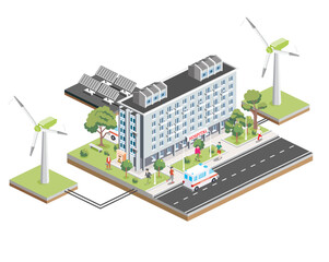 Isometric building of hospital with solar panels and wind turbines. City clinic. Architectural symbol isolated on white. Ambulance on road. Use of clean energy.