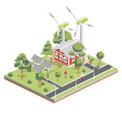 Isometric old red house with solar panels and wind turbines in suburb. Eco friendly house. Infographic element. City architecture isolated on white. Ecologically clean city.