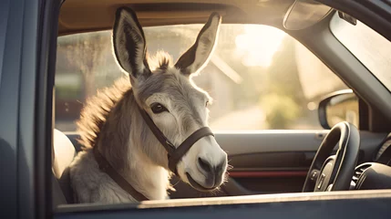 Tuinposter portrait of a donkey in a car traveling by the road on the holiday © Money