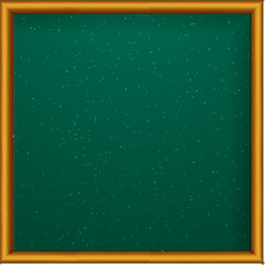 Green notice board with wooden frame.