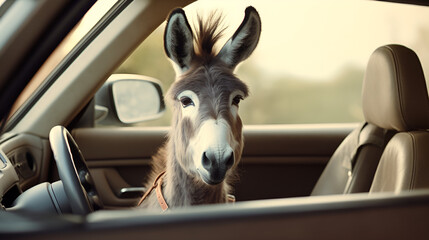 Sideways donkey staying in a car while traveling with its owners