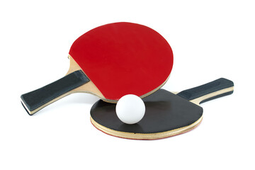 Ping pong paddles and balls isolated on white background