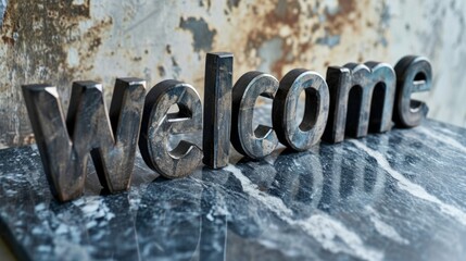 Black Marble Welcome concept creative horizontal art poster. Photorealistic textured word Welcome on artistic background. Ai Generated Hospitality and Greetings Horizontal Illustration.