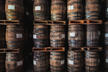 Stacks of wooden barrels filled with aging Puerto Rican rum