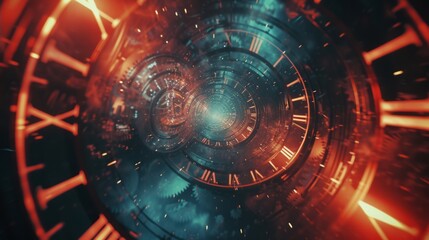 Time travel Technology Background with Clock concept and Time Machine, Can rotate clock hands. Jump into the time portal in hours. Traveling in space and time. Time travel fantasy scifi cinematic film - obrazy, fototapety, plakaty
