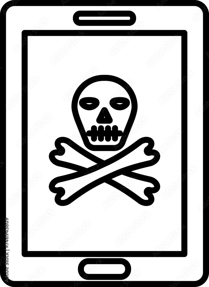 Sticker skull with crossbones on smartphone screen in black line art.