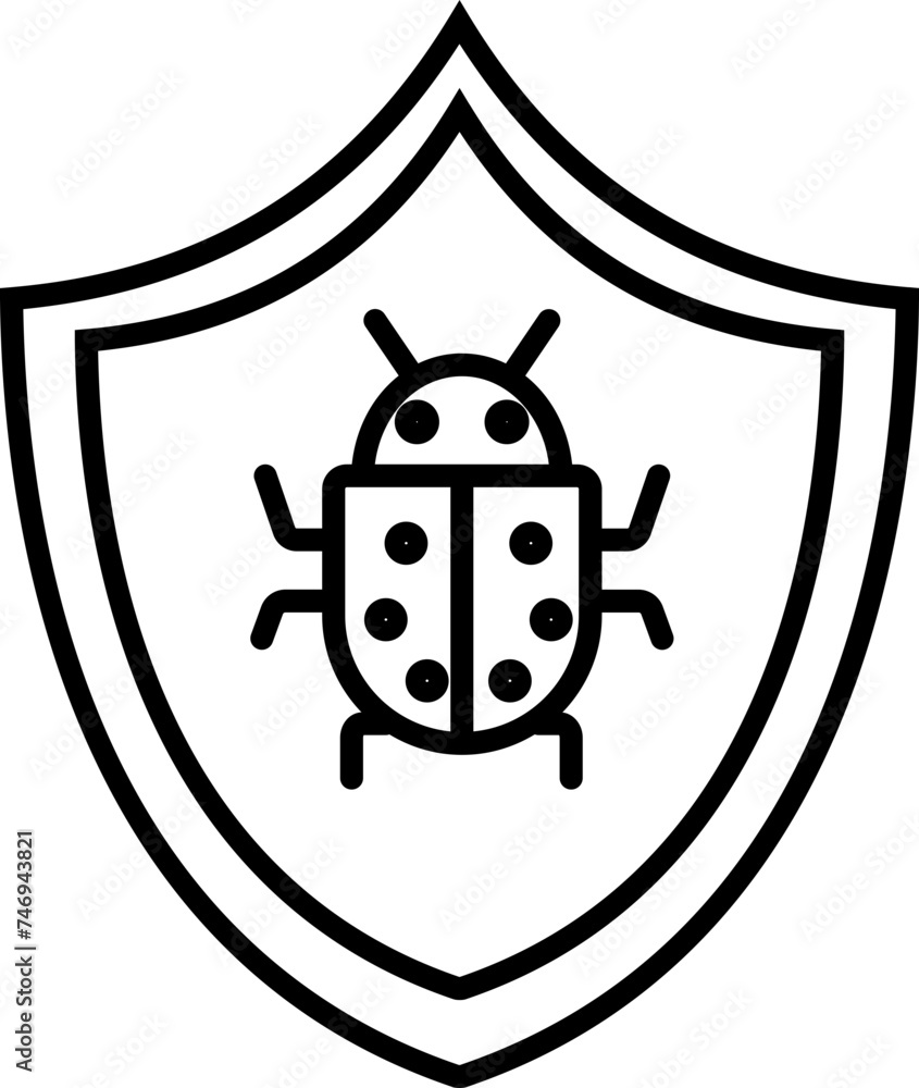 Poster bug on shield in black line art for security hacking concept.