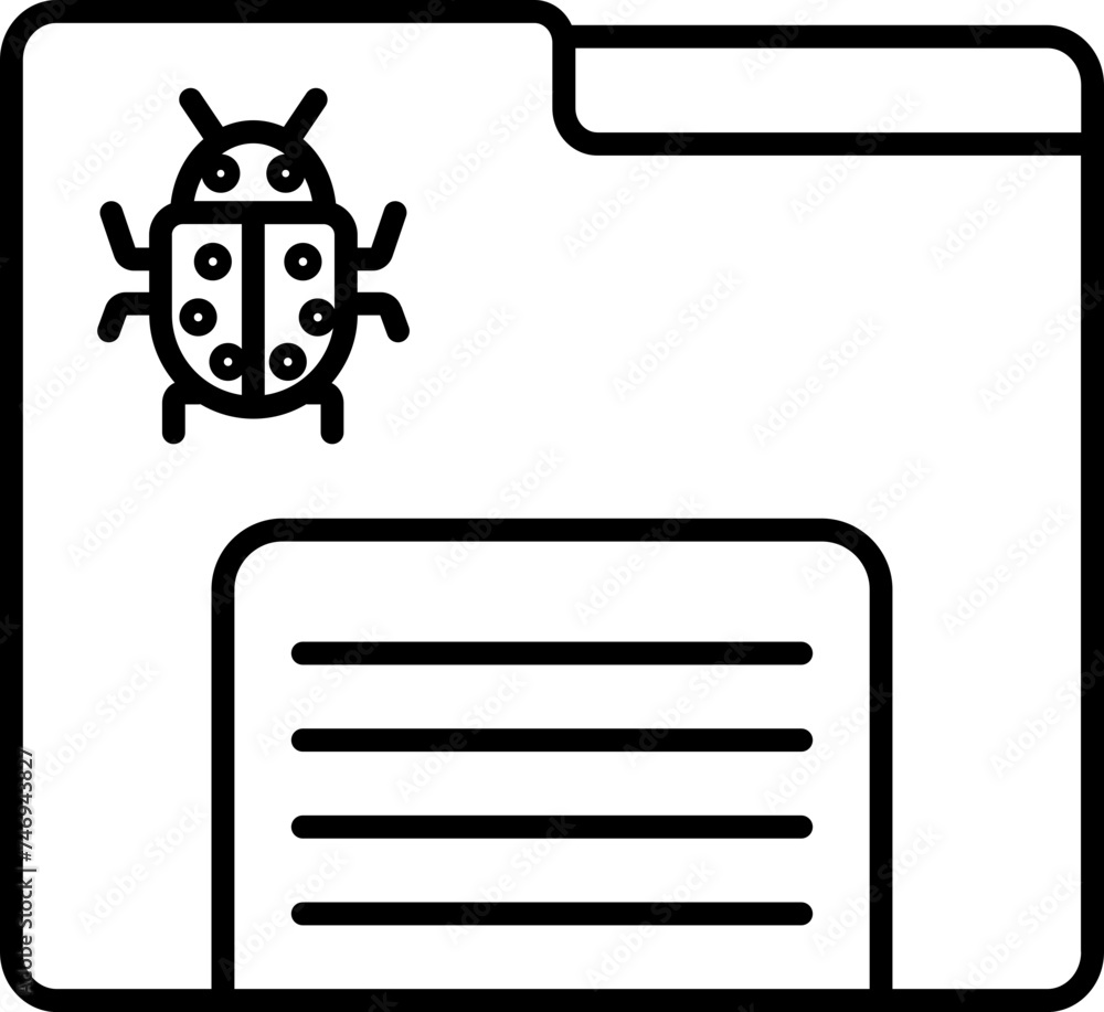Poster black line art bug on file folder or virus affected file icon.