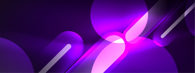 Abstract design pulsates with neon glowing light effects, casting an entrancing glow in the darkness, captivating the eye with its vibrant energy. Glass circles neon glowing light effects