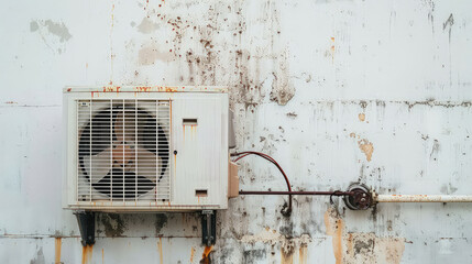 Air heat pump for cooling or heating a house on the wall of a building. An old and rusty air source heat pump has become an integral part of any building.