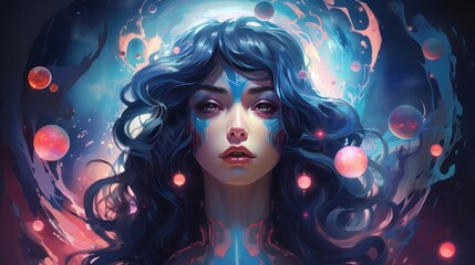 Fototapeta premium Illustration of a fictional face of a woman with her hair down with sharp eyes, and a nebula colored background.